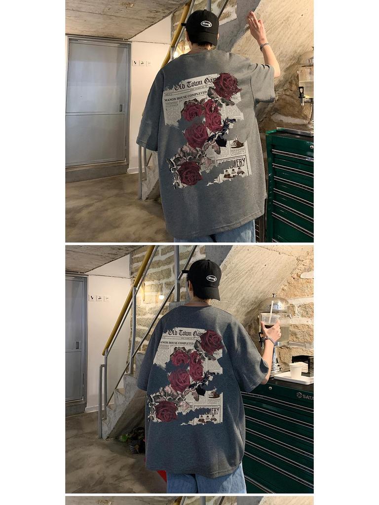 Herren Oversized T-Shirt mit Rosenprint im Retro-Stil – Neuer trendiger Sommerstil