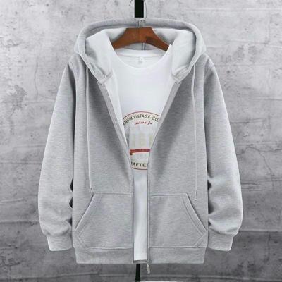 Men's Cotton Hooded Zipper Cardigan: Plus Size, Loose Fit, Solid Color, Trendy Fleece Lined Hoodie for Autumn and Winter.