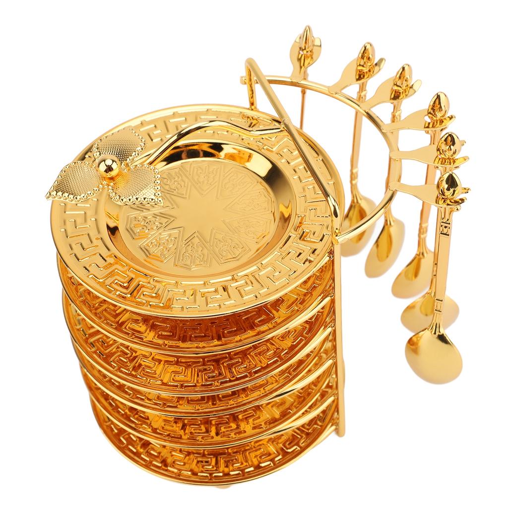 סט צלחות וכפות עם מתקן אחסון 6 מגשים ו-6 כפות סט כלי מתכת בסגנון אירופאי לסטייקים