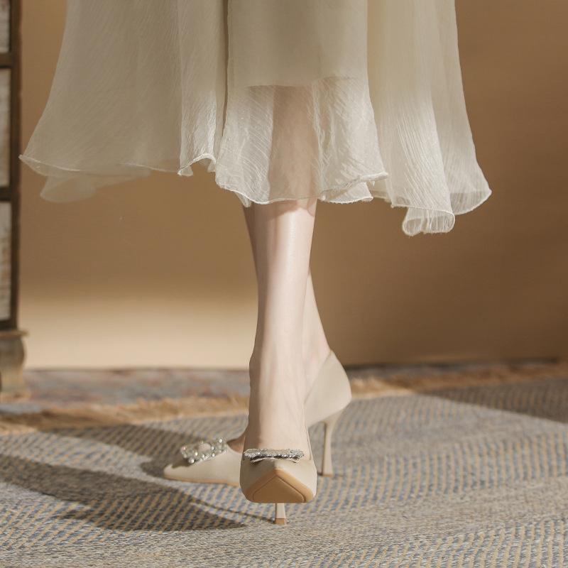 French high heels women's spring and summer new temperament soft leather non-grinding feet pointed thin heel rhinestone square buckle shoes