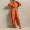 Women's Lapel Collar Button-Down Belted Color Slim Fit Casual Jumpsuit