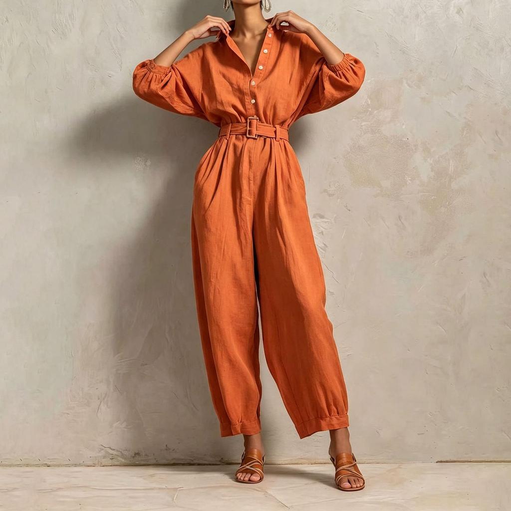 Women's Lapel Collar Button-Down Belted Color Slim Fit Casual Jumpsuit