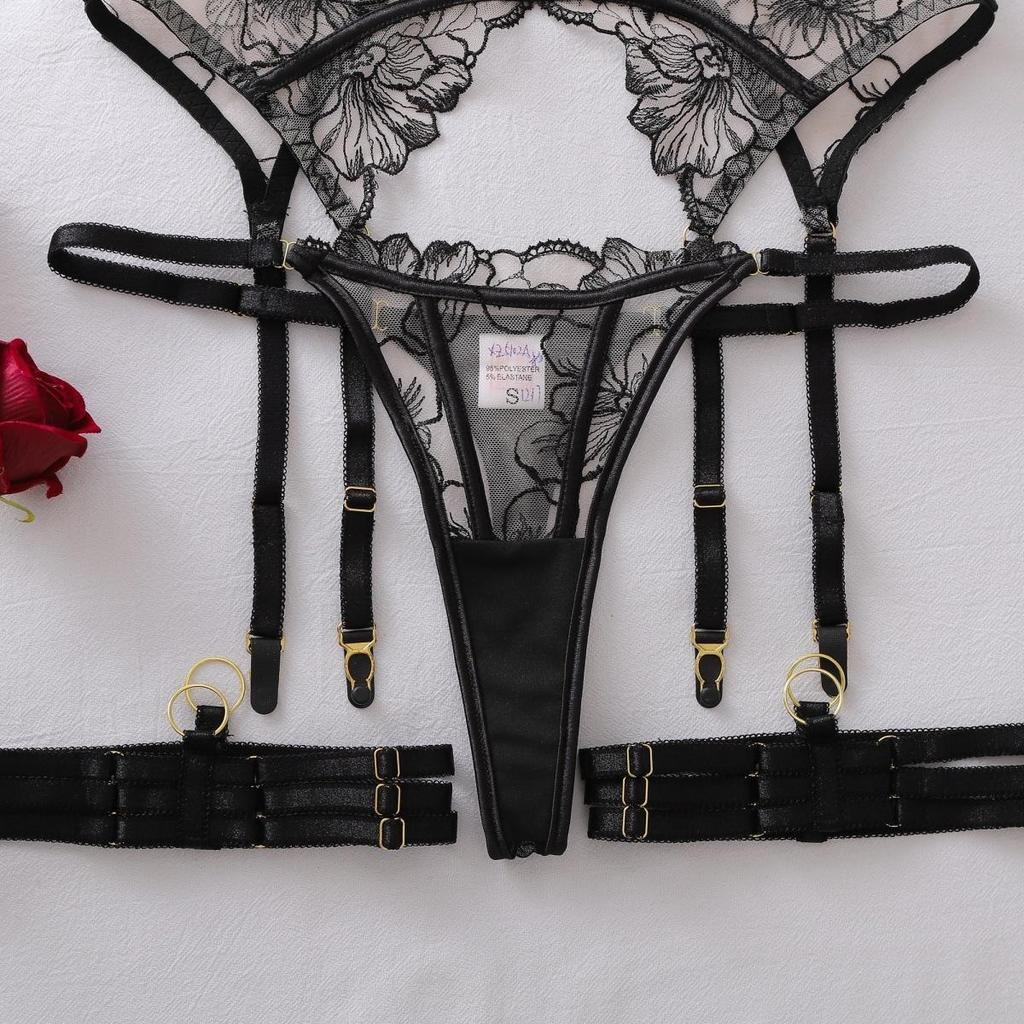 Women's Sexy French Thin Lingerie Set Floral Embroidery Sheer Mesh Push-Up Underwire Shapewear Lingerie Set