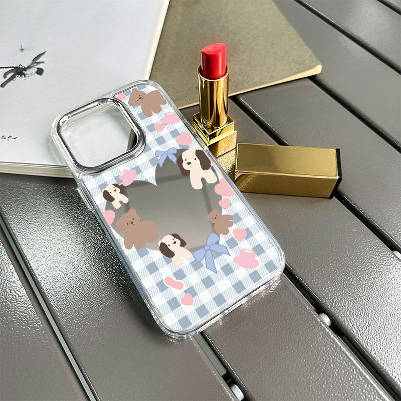 Plaid love mirror iPhone mobile phone case cartoon bear bow apple 13PM anti-drop protective case Apple 17