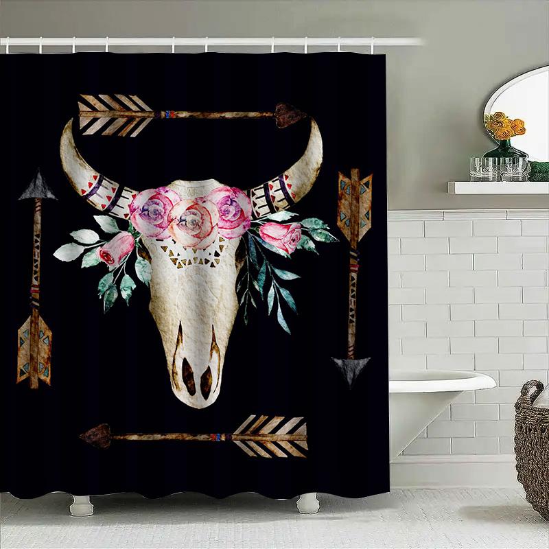 Rustic Bull Skull Shower Curtain Floral Arrow Boho Decor For Bathroom Black Waterproof Fabric Size 72X84 Inches (180*213Cm)