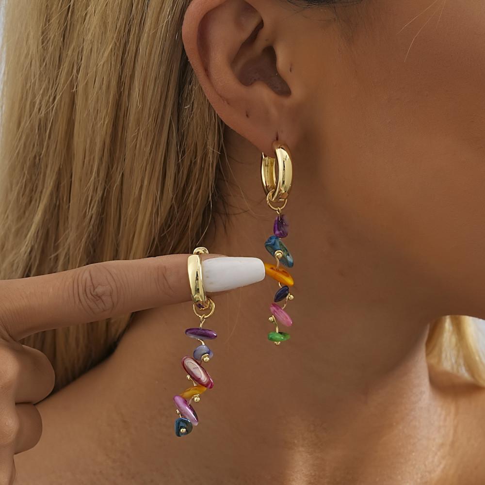 Elegant Natural Stone Earrings For Women Colorful Geometric Design With Chain Details