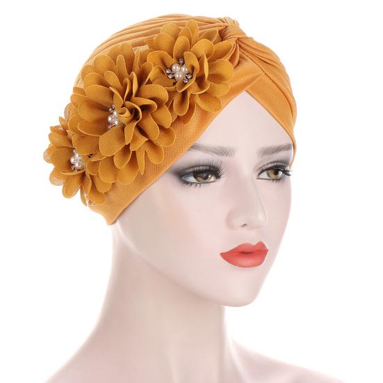 Three Flower Decal Design Turban Hat Elastic Hijab Cap Hair Loss Cover Headwear