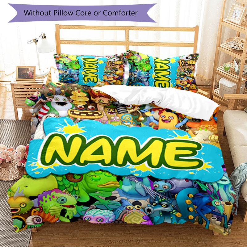 3pcs Custom Name Cartoon My Singing Monsters Bedding Set Duvet Cover Closure Includes 1 Duvet Cover & 2 Pillowcases for All Seasons Bedroom Decor