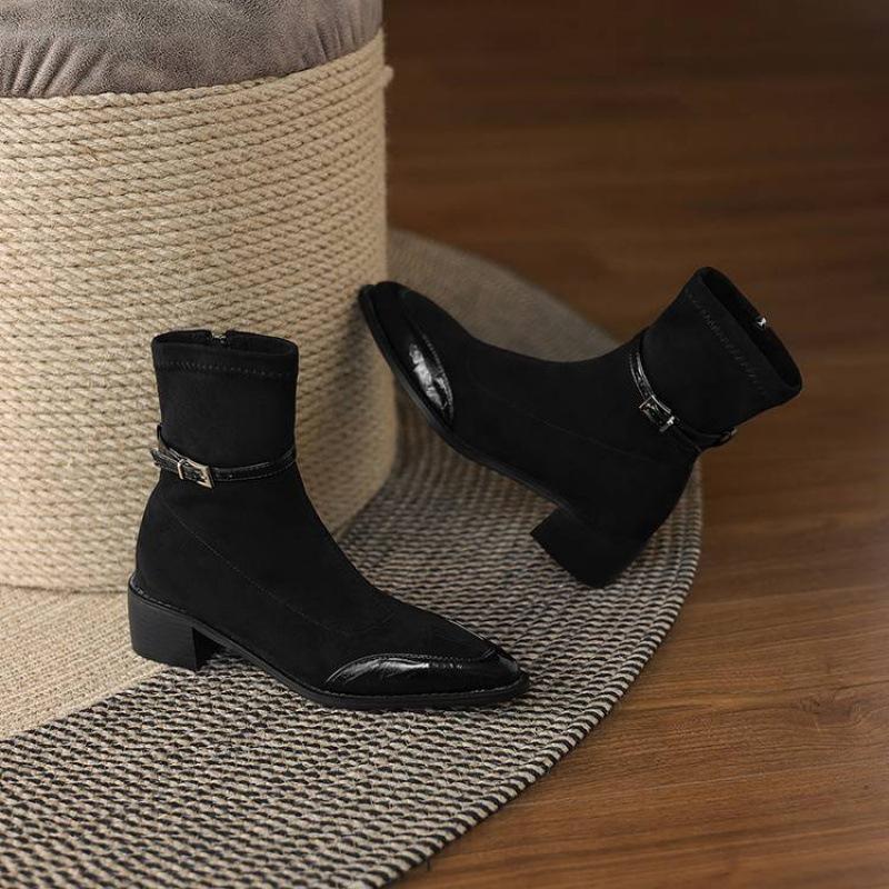 Korean version of comfortable side zipper pointed middle heel Martin boots solid color elastic suede autumn and winter square heel new medium boots