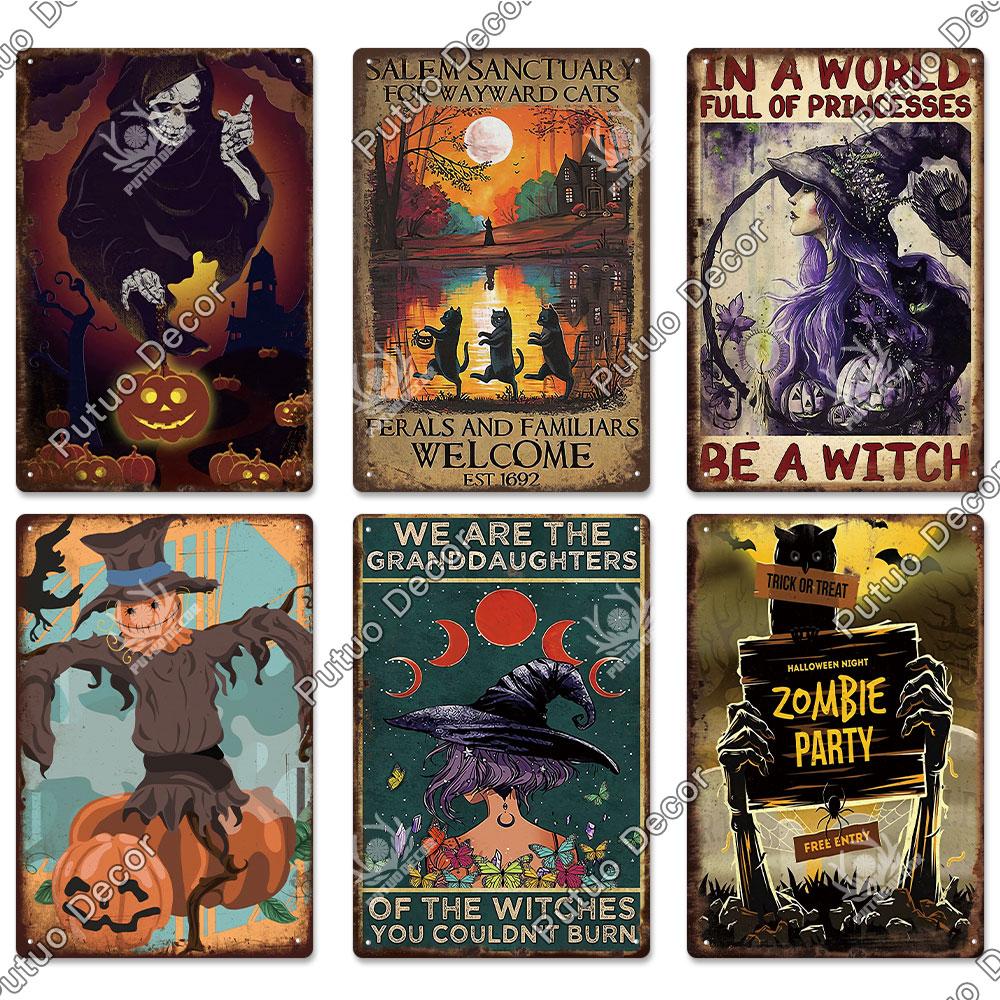 Putuo Decor Halloween Vintage Tin Signs Plaque Metal Plate Retro Poster Wall Art Decoration for Home Bar Living Room Door Yard