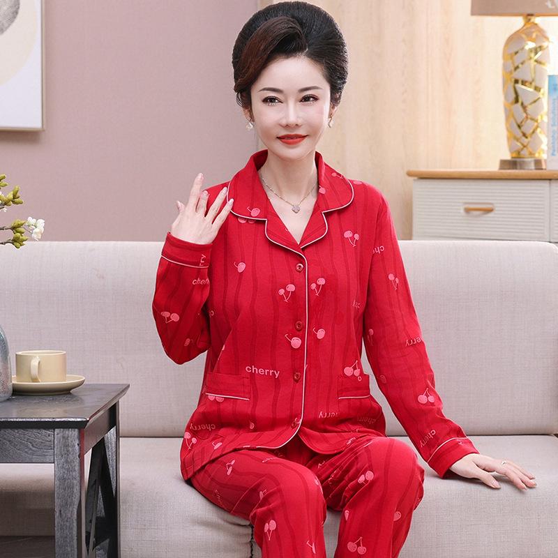 Festive Red Pure Cotton Long-Sleeve Pajama Set for Middle-Aged & Elderly Women (2026)