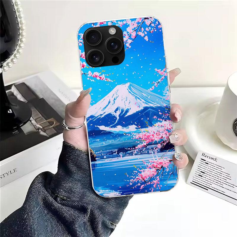 Japanese Cherry Mount Fuji Soft Phone Case For IPhone 11 17 Air 16E 16 Pro Max 15 + 14 Plus 13 Mini 12 Apple 7 SE 8 Fundas Coque