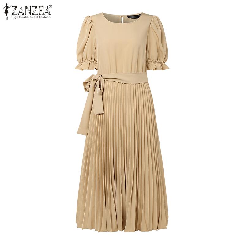 ZANZEA Women Casual Round Neck Short Sleeve Summer Pleated Dress