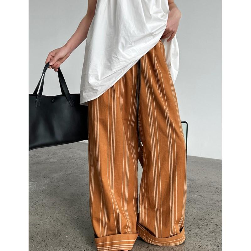Johnature Casual Striped Elasticated Waist Pants Women Summer With Belt Lazy Wide-leg Trousers