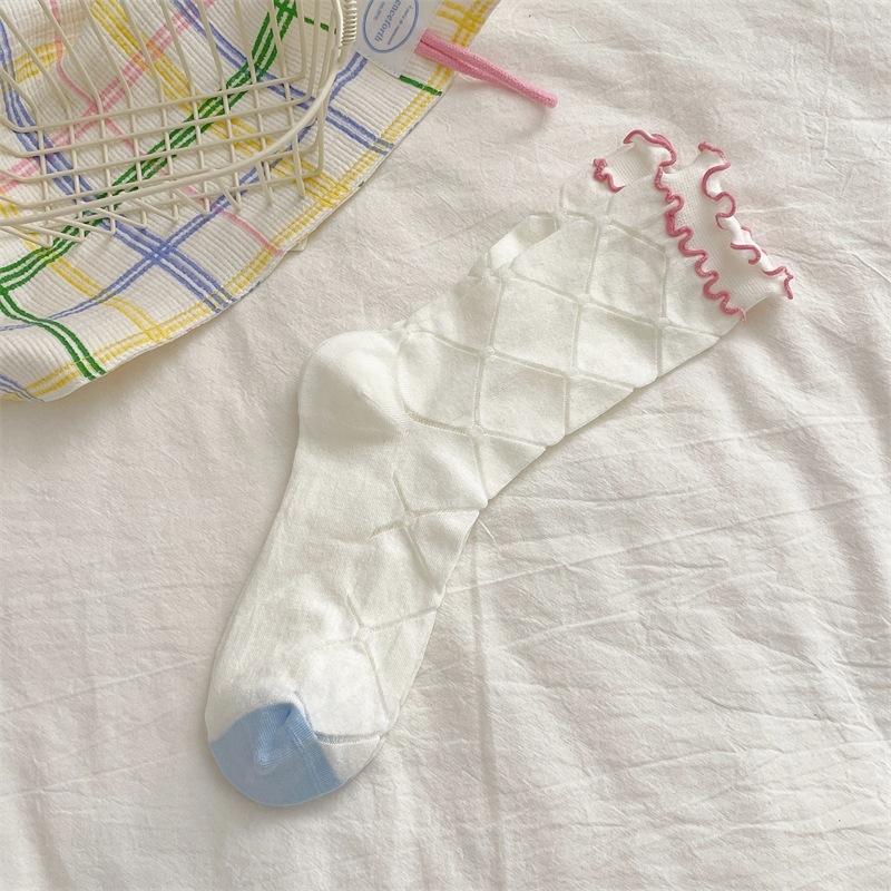 

Милые весенне-летние носки, женские носки до середины икры, длинные носки с кружевом в стиле Лолита, дышащая сетка, край с черными грибами, бесшовный чистый хлопок 1 pair