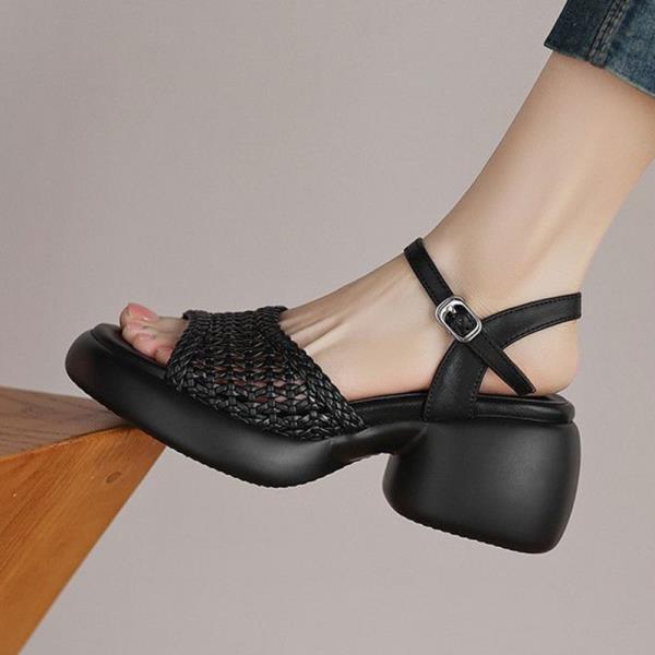 

Модная обувь Сандалии на высоком каблуке с открытым носком для женщин 2025 Лето Ремешок с пряжкой Дышащие Пип Высокий каблук Новые Девушки Сабо Блок Комфорт 35