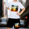 Boys 2 Piece Cartoon Tractor Printed Outfit, Short Sleeve T-Shirt and Shorts Set for Kids Age 5-14,Black ,White Sporty Casual Summer Clothes