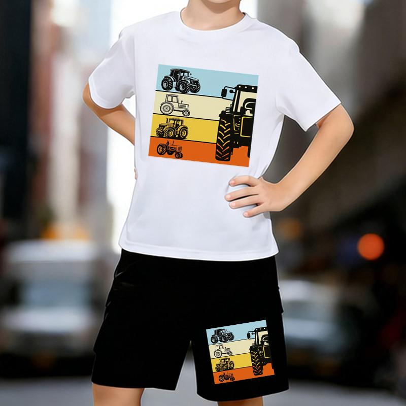 

Boys 2 Piece Cartoon tractor printed outfit, Short Sleeve T-Shirt and Shorts Set for Kids Age 5-14,Black ,White Sporty Casual Summer Clothes 13-14 Years білий