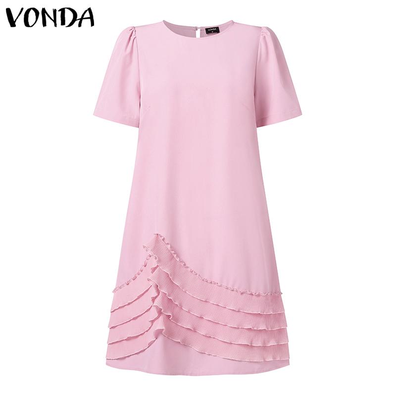 VONDA Summer Women Round Neck Ruffled Layer Short Sleeve Dresses