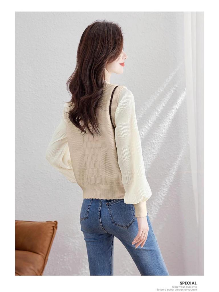 French Retro College Style Long-Sleeve Round Neck Spliced Two-Piece Shirt for Women