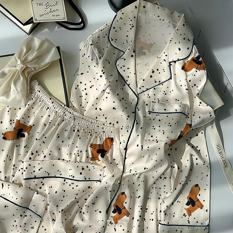 Ice Silk Thin Style Women'S Long-Sleeved Pajamas Spring And Autumn Cartoon Brown Puppy Polka Dot Print Loungewear