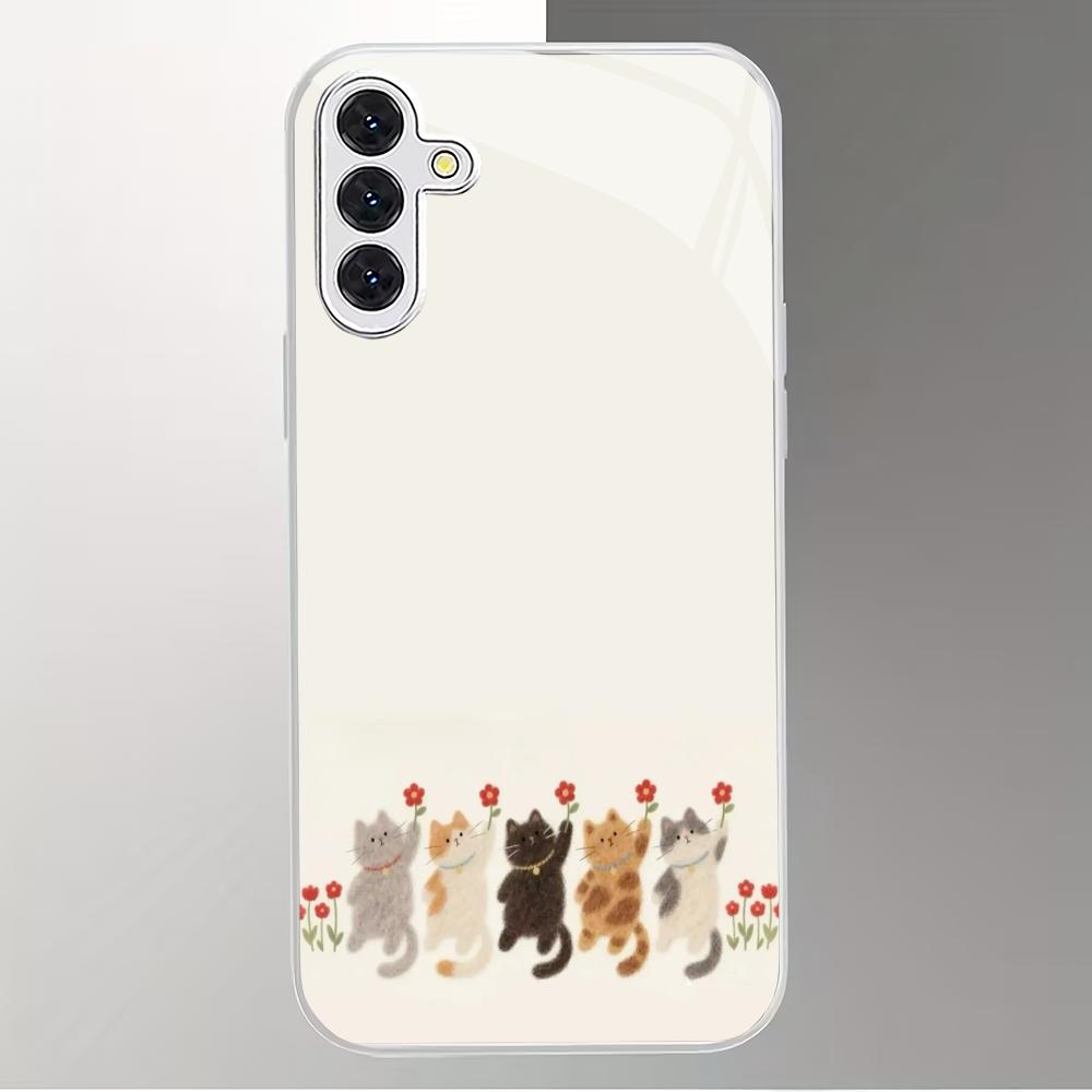 Cute Little Flower Cat Silver Plated Glass Phone Case Suitable for Samsung Galaxy S26 S25 S24 S22 S21 S20FE/Ultra/Plus Anti Fall