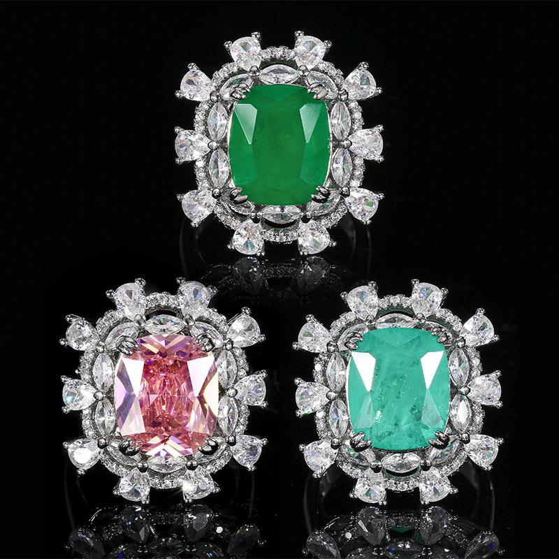 Jewelry Luxury Color Treasure Inlaid Paraiba Green Pink Zircon Ring Women'S Jewelry