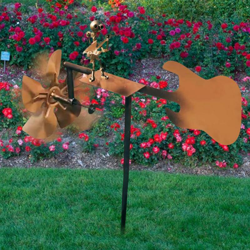 Metal Drummer Windmill Garden Statue Handmade  Metal Guitar Wind Spinner Decorative Power Rock Art For Lawn Porch Yard Decor