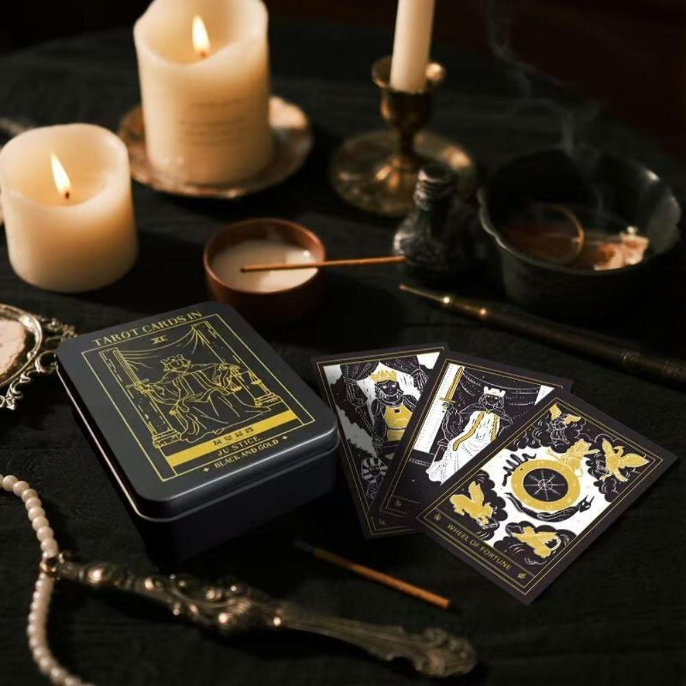 Mystic Noir Elegant Black & Gold Tarot Deck 10*6cm, Full 78-Card Set in Metal Tin, Travel-Size Deck for Wisdom and Guidance