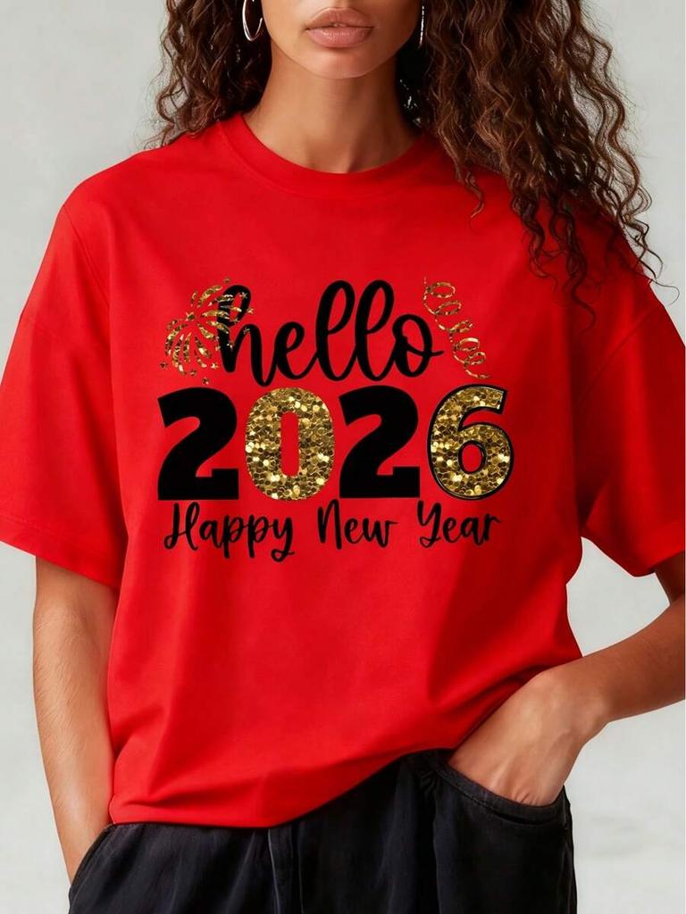 2026 Hello Womens TShirt Womens Happy New Year Pattern Print TShirt Top Summer Loose Casual Round Neck Short Sleeve TShirt