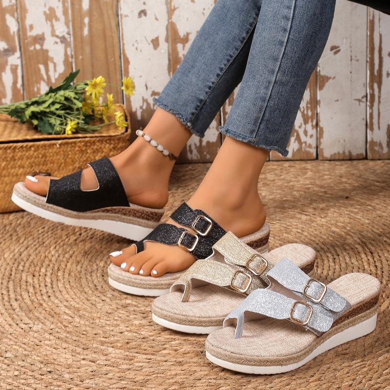 Large Size Wedge Heel Sandals Women's Half Drag Outer Wear Spring and Summer New Belt Buckle Hollow Set Toe Slippers