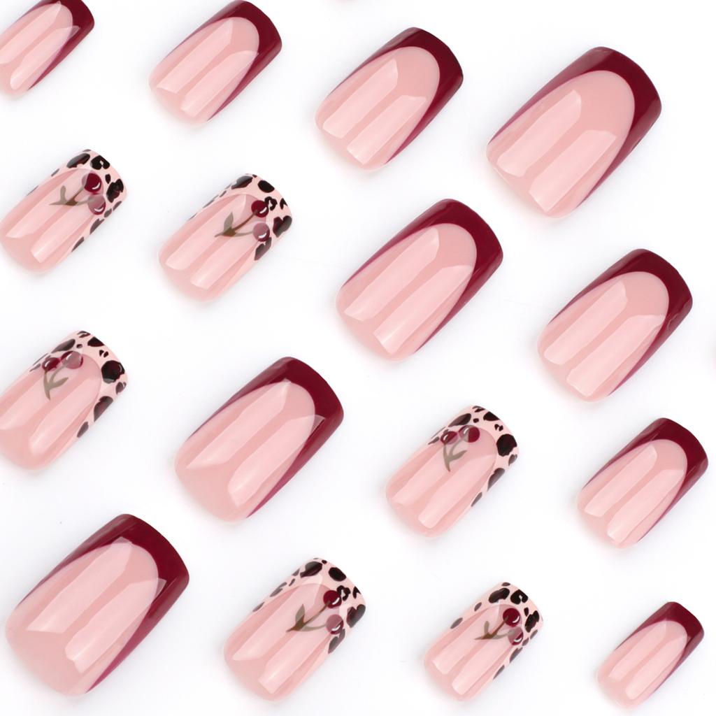 24pcs New Year Winter French Red Wearing Armor Leopard Print Cherry Wearing Manicure Press On Nails Fake Nails