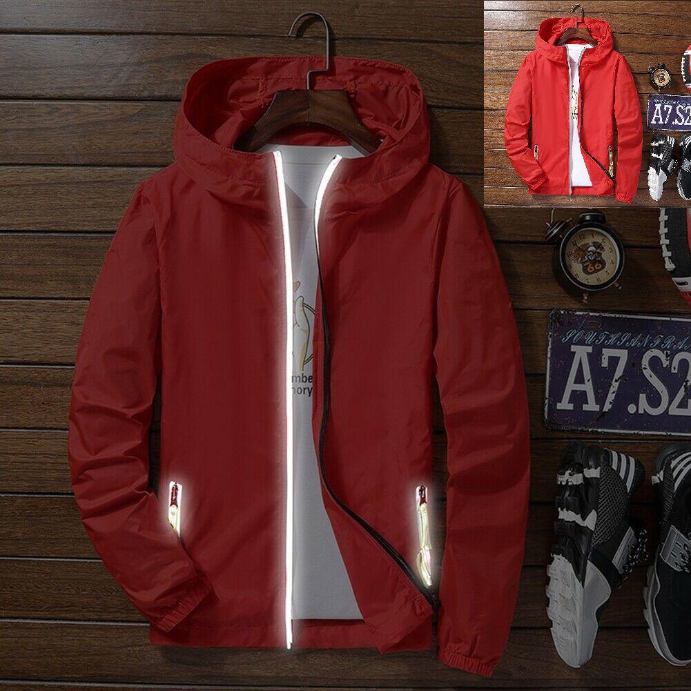 Luminous Windbreaker Mens Zipper Jacket Hoodie Light Sports Outwear Gym Coat