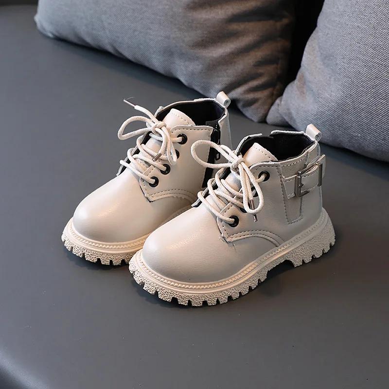 

Autumn/Winter Children Boots Boys Girls Leather Ankle Boots Buckle Fashion Non-slip Warm Handsome Kids Boots Shoes E08241 21 бежевый