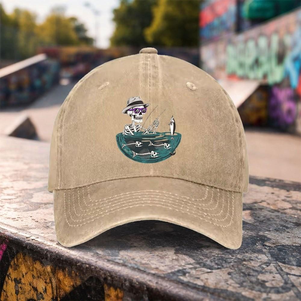 Skeleton Fishing Pocket Graphic Washed Baseball Cap Unisex Casual Outdoor Adjustable Duckbill Hat