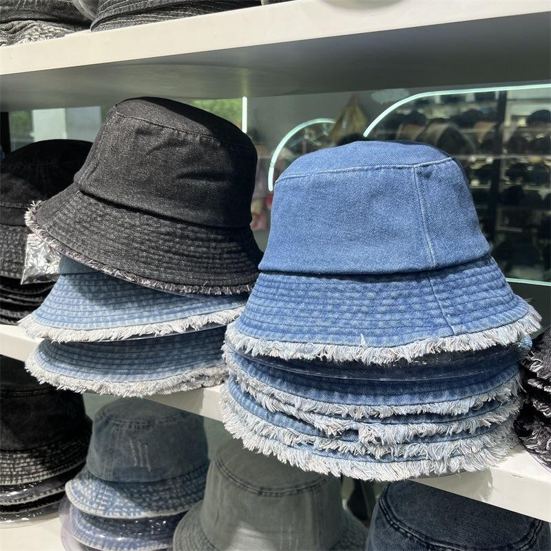 

Denim denim bucket hat women s spring and summer rough edge versatile washbasin hat literary outdoor sunshade M（56-58cm） світло-синій колір