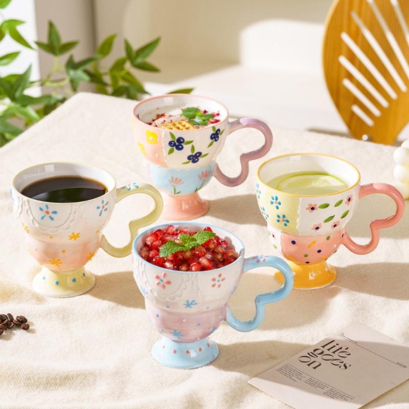 Tazza in Ceramica Carina Dipinta a Mano con Rilievo Tazza da Caffè Elegante Chic Tazza per Latte Avena Matcha Acqua Accessorio da Cucina Bicchieri Regalo
