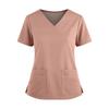 Women's Fashionable Solid Color V-neck Double Pocket Short Sleeved Shirt With Slit Hem Uniform And Worker Top