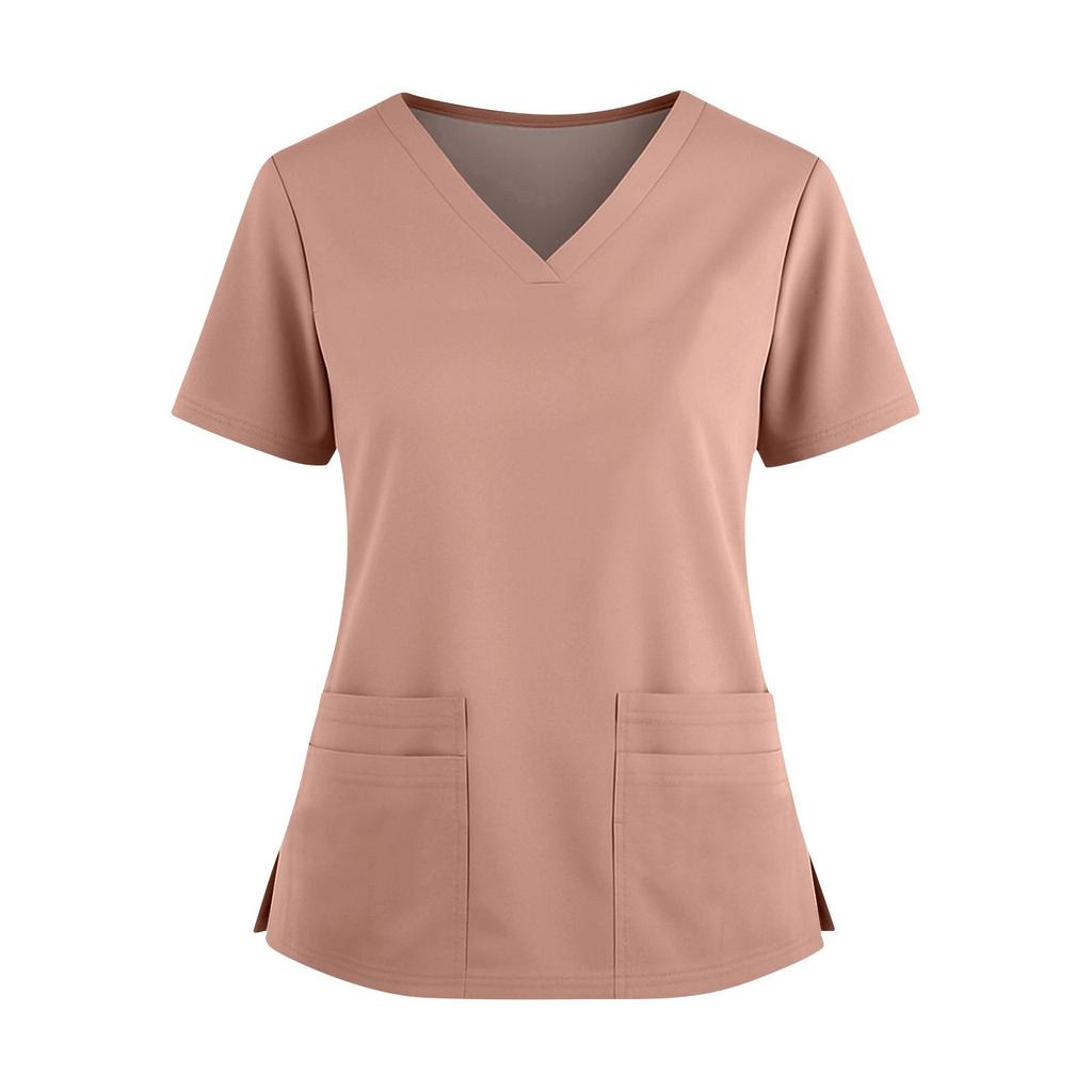 Women's Fashionable Solid Color V-neck Double Pocket Short Sleeved Shirt With Slit Hem Uniform And Worker Top
