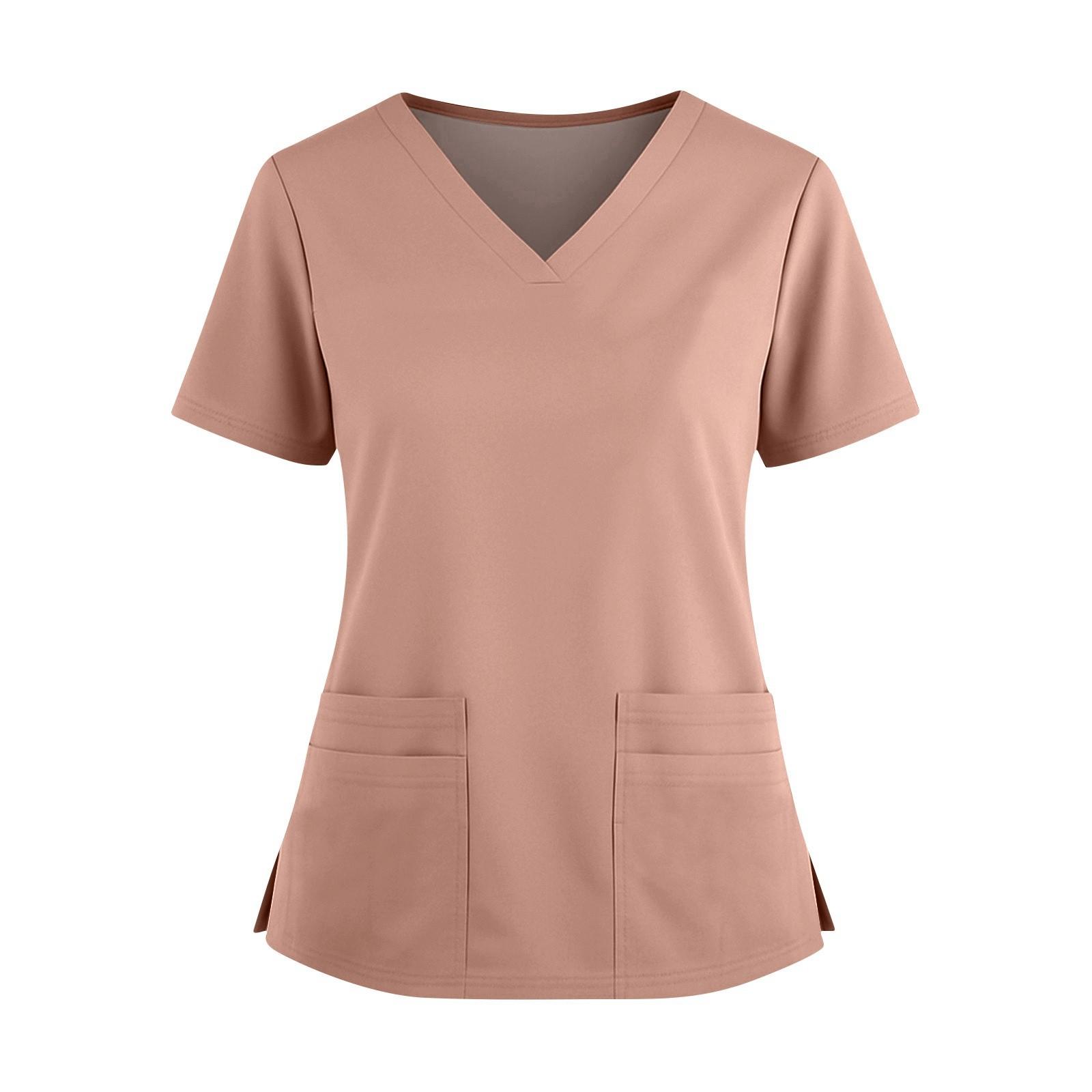 

Женская модная однотонная рубашка с V-образным вырезом, двумя карманами, короткими рукавами и разрезами по бокам. Униформа и рабочая блузка. XXXXXL