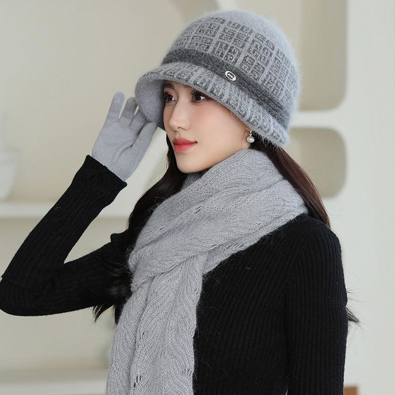 

Зимняя женская вязаная шапка с бархатным шарфом для тепла Шерстяная шапка one size