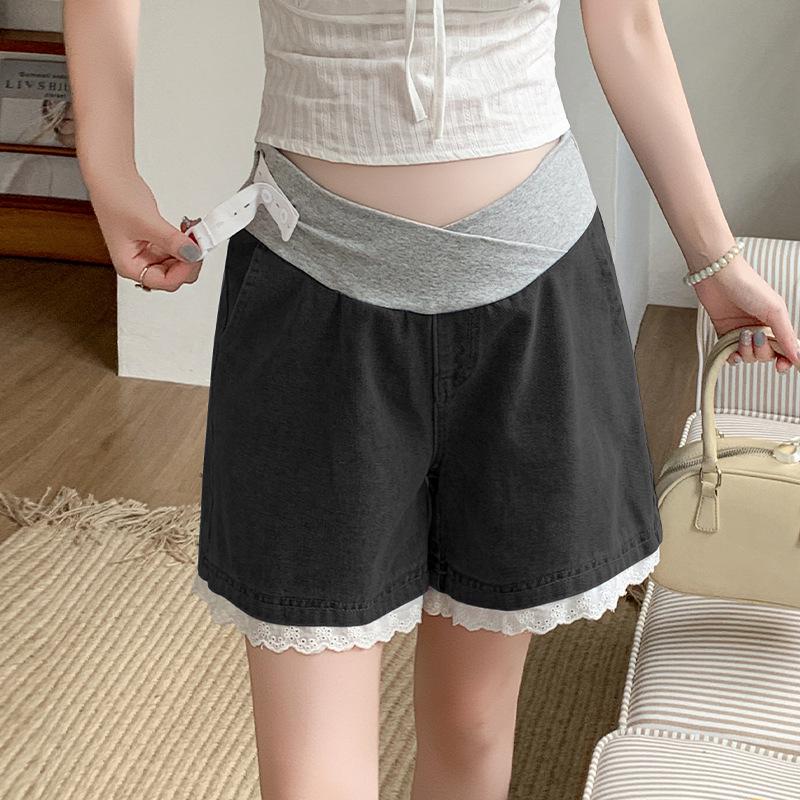 

2026 New Style Tummy Support Maternity Denim Shorts with Lace Trim – Summer Wide-Leg Hot Pants XL
