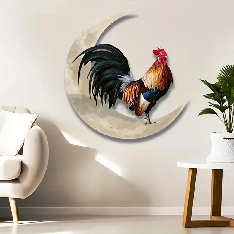 Wrought Iron Moon Rooster Garden Ornament Metal Decoration 30x28.5