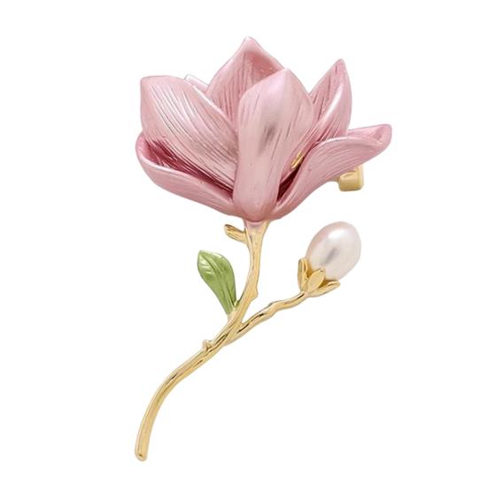 Magnolia Flower Brooch Zinc Alloy Faux Pearl Flower Lapel Pin Sweater Cardigan Coat Business Suit Decoration Men Women Clothing Accessories