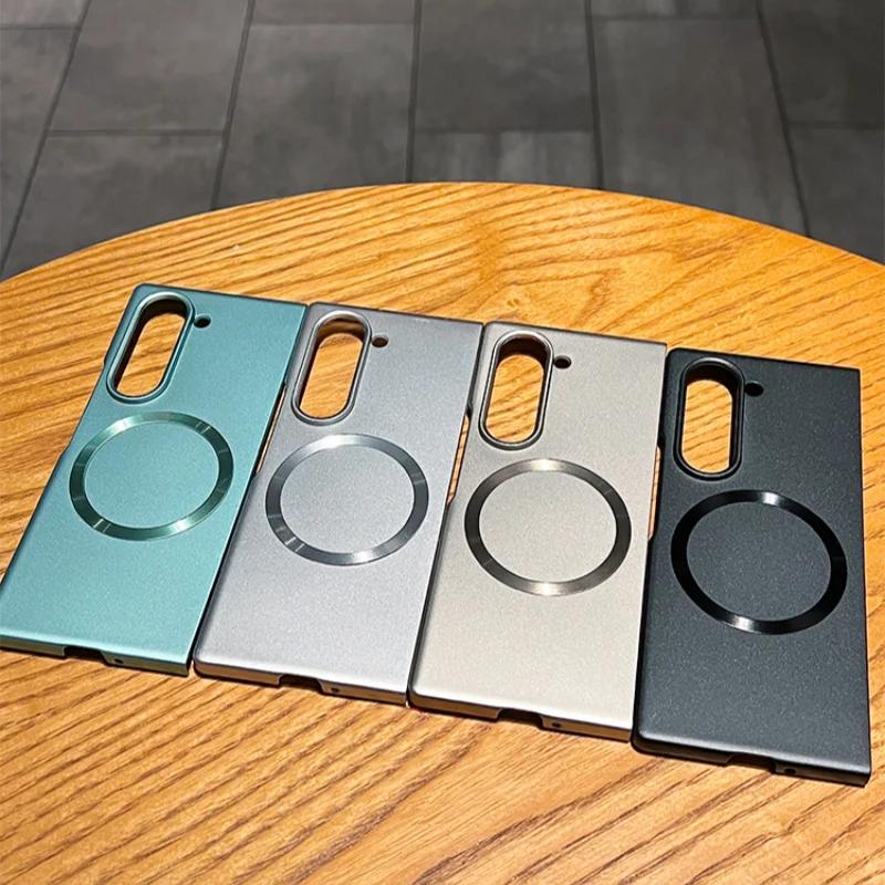 Luxury Ultra Thin Metal Paint Plating Magnetic Frosting Phone Case for Samsung Z Fold 7 6 5 4 3 Slim Matte Wireless Charge Cover