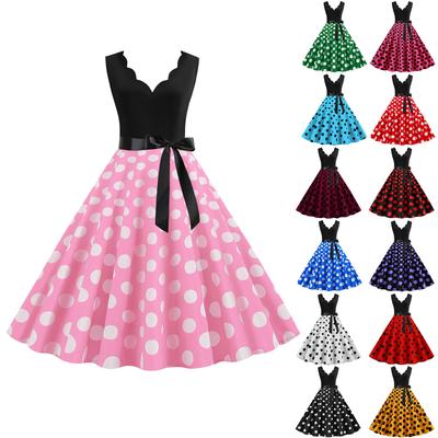 Women's Retro V-Neck Sleeveless Patchwork Polka Dot Printed Large Skirt Dress