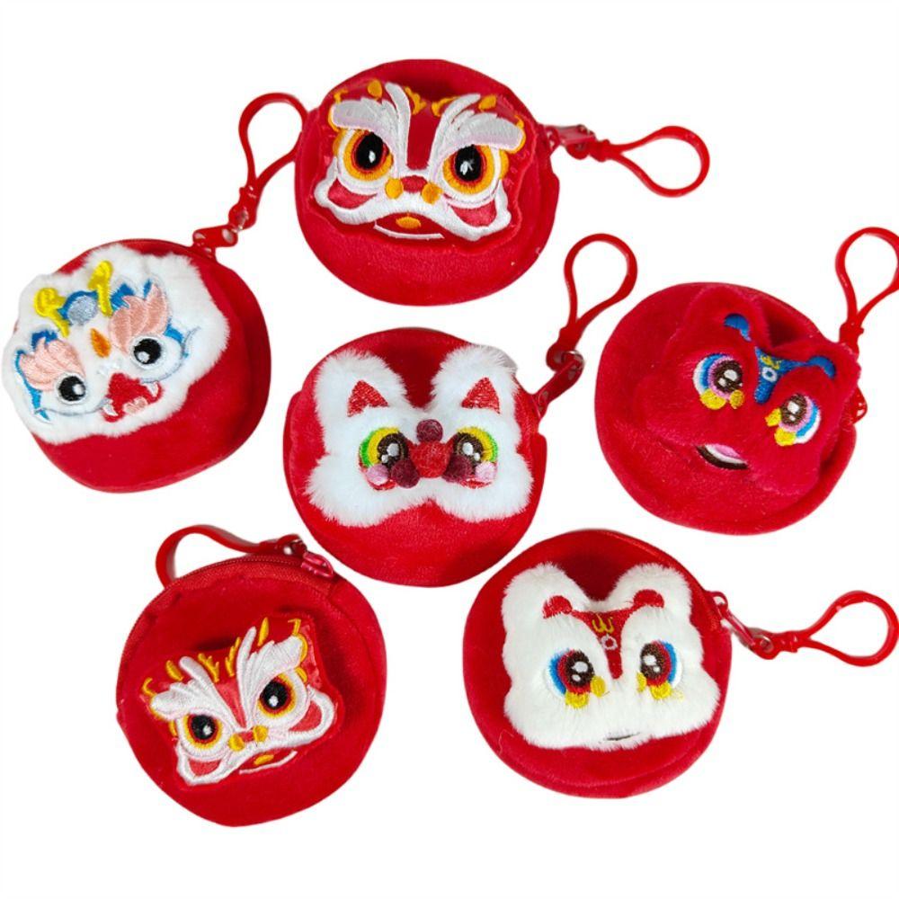 Fish Dragon Lion Plush Coin Purse Red Color Cartoon Lion Storage Bag Shopping