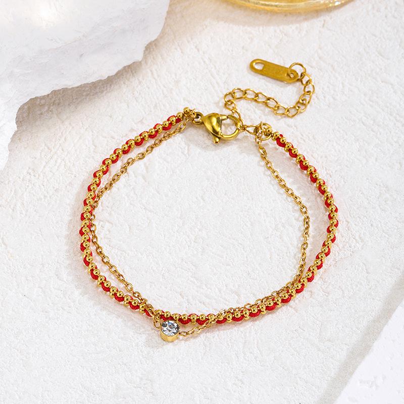 Elegant Red Rope Bracelet: Double Layer with Diamond, Titanium Steel, Chinese Style, for Women's Luck and Fashion.