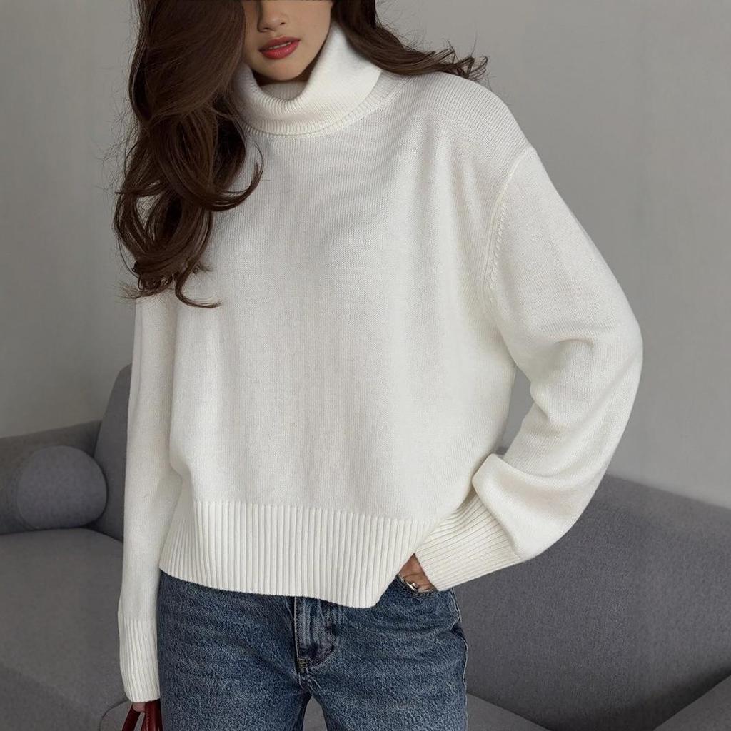 2025 Women's Autumn/Winter Solid Color High Neck Loose Knit Sweater