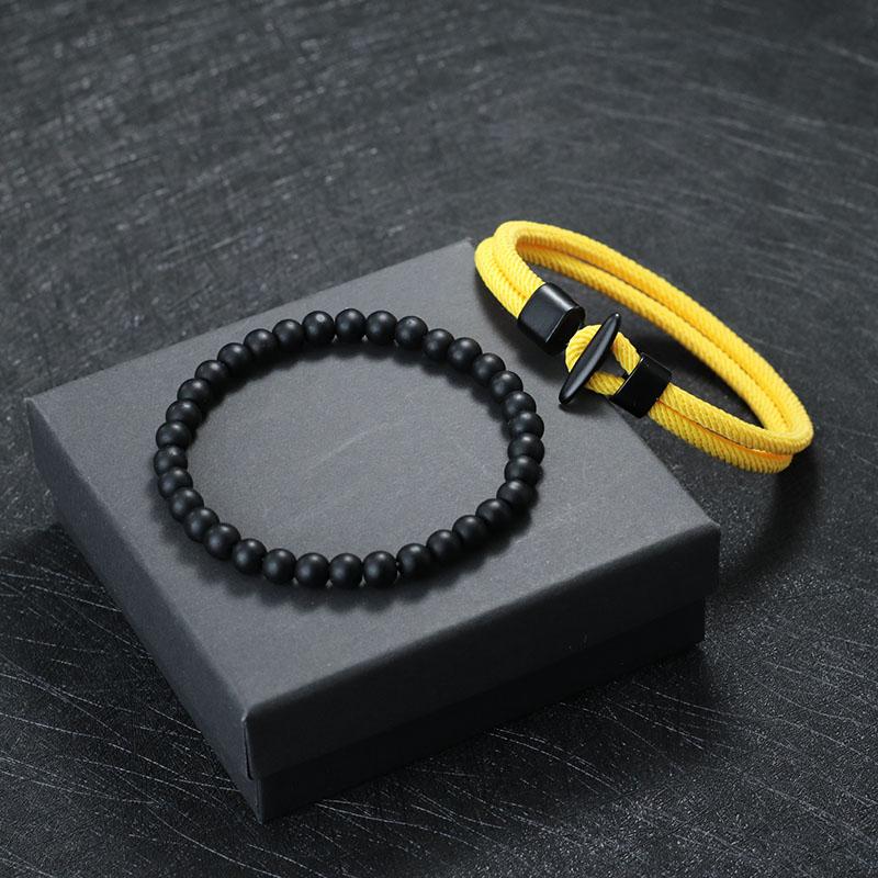 Fashion Men Bracelet Set Grade A 4mm Milan Rope Charm Braslet 6mm Onyx Stone Strand Braclet Pulsera Hombre Ocean Accessories